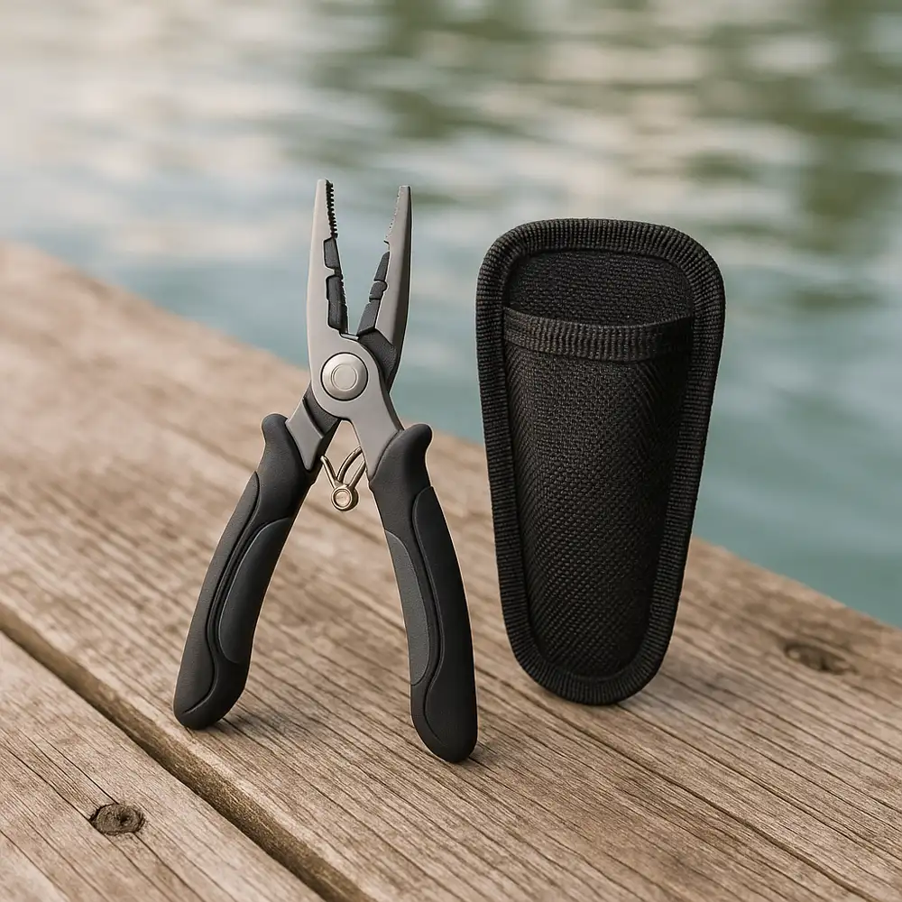 HookGrip stainless steel fishing pliers with TPR grip handles on a tackle bag