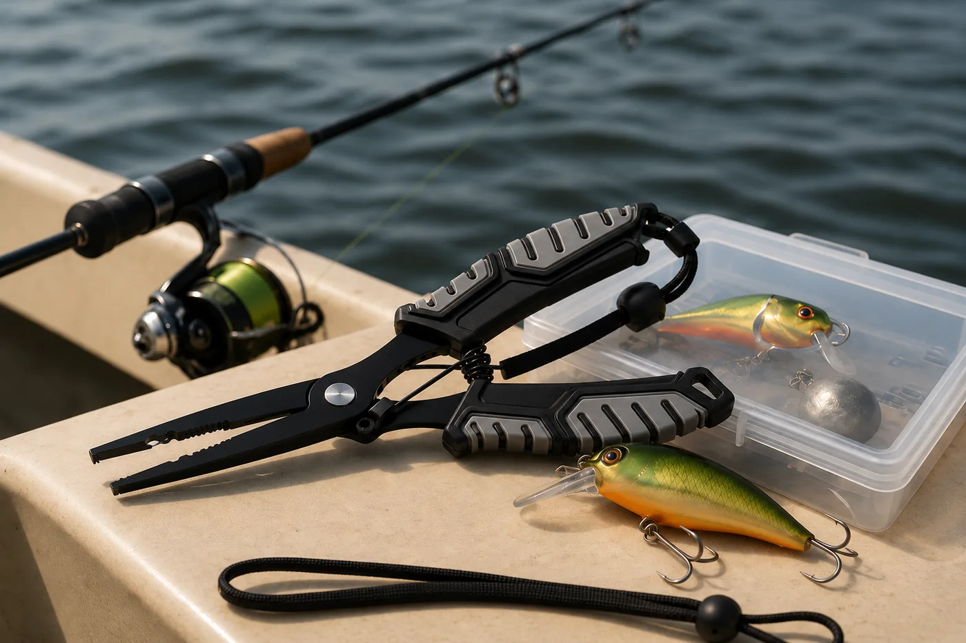 HookGrip fishing pliers on a boat next to a tackle box, lures, and a rod, ready for a day on the water