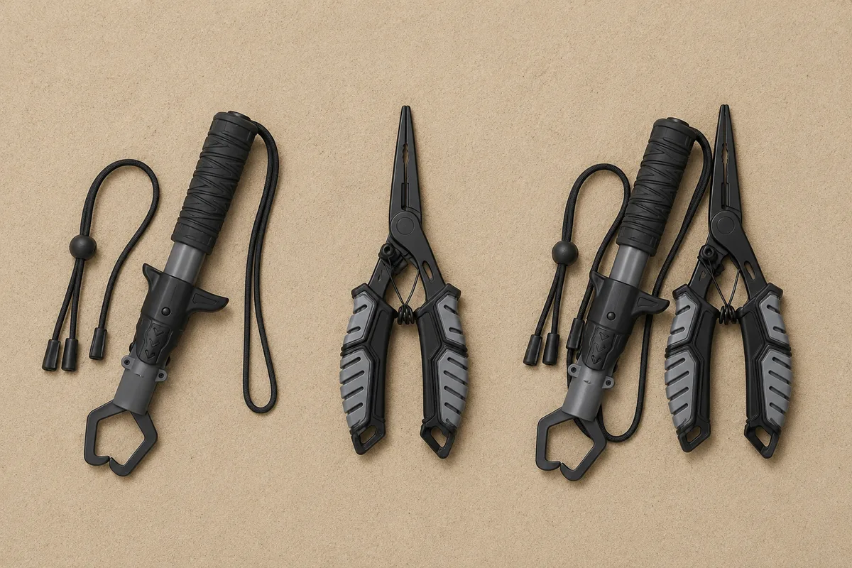 HookGrip fish gripper next to the pliers and combo set, laid out on a flat surface