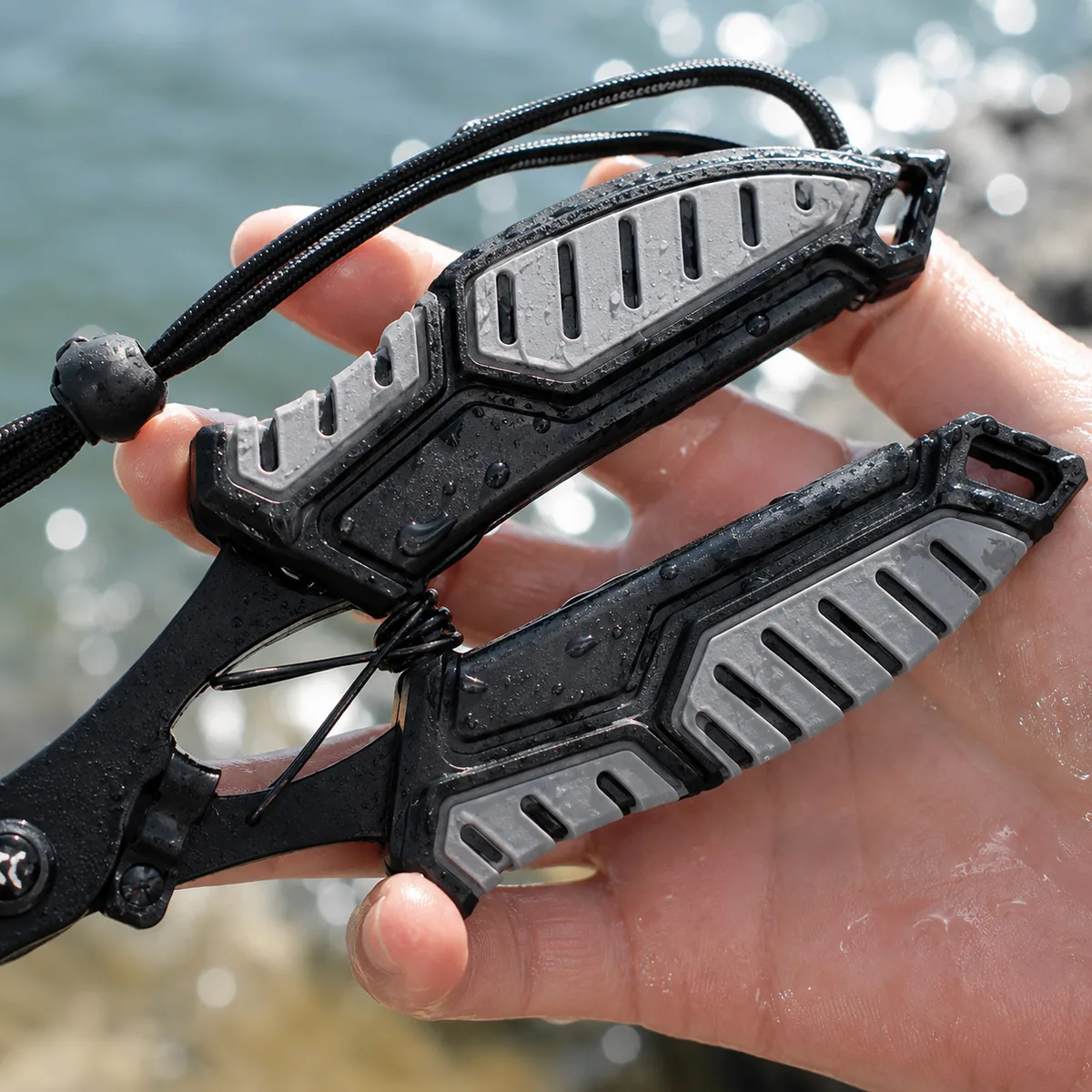 Close-up of HookGrip pliers' pointed jaw tip, built for prying open split rings