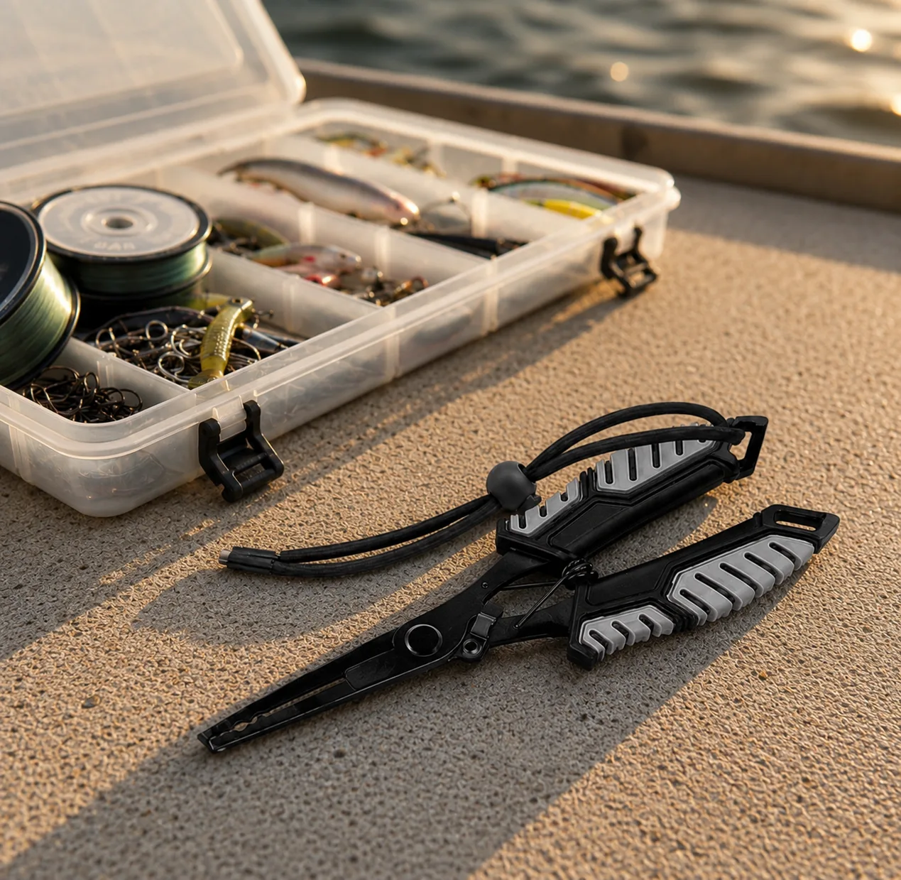 HookGrip pliers stored in an open tackle box next to lures, ready for salt exposure on the water