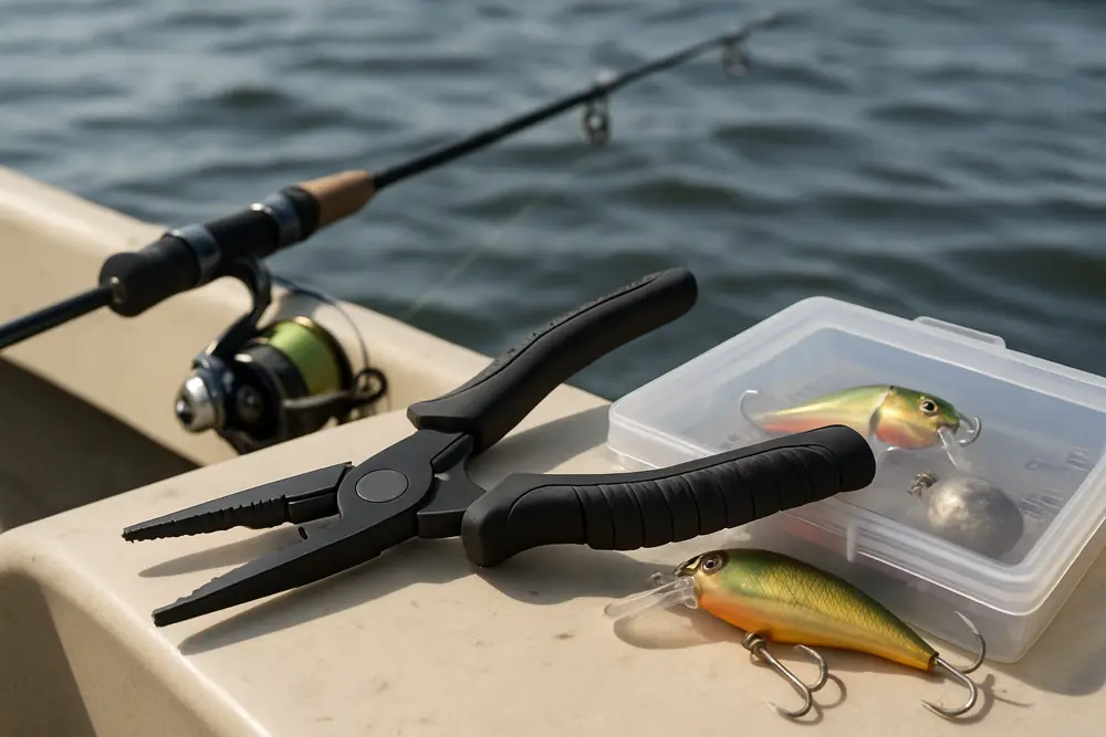 Angler using HookGrip fishing pliers to remove a hook boatside